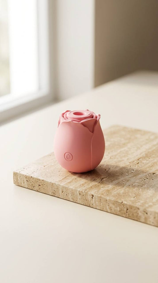 Velyra Bloom rose-shaped self-care device on natural stone